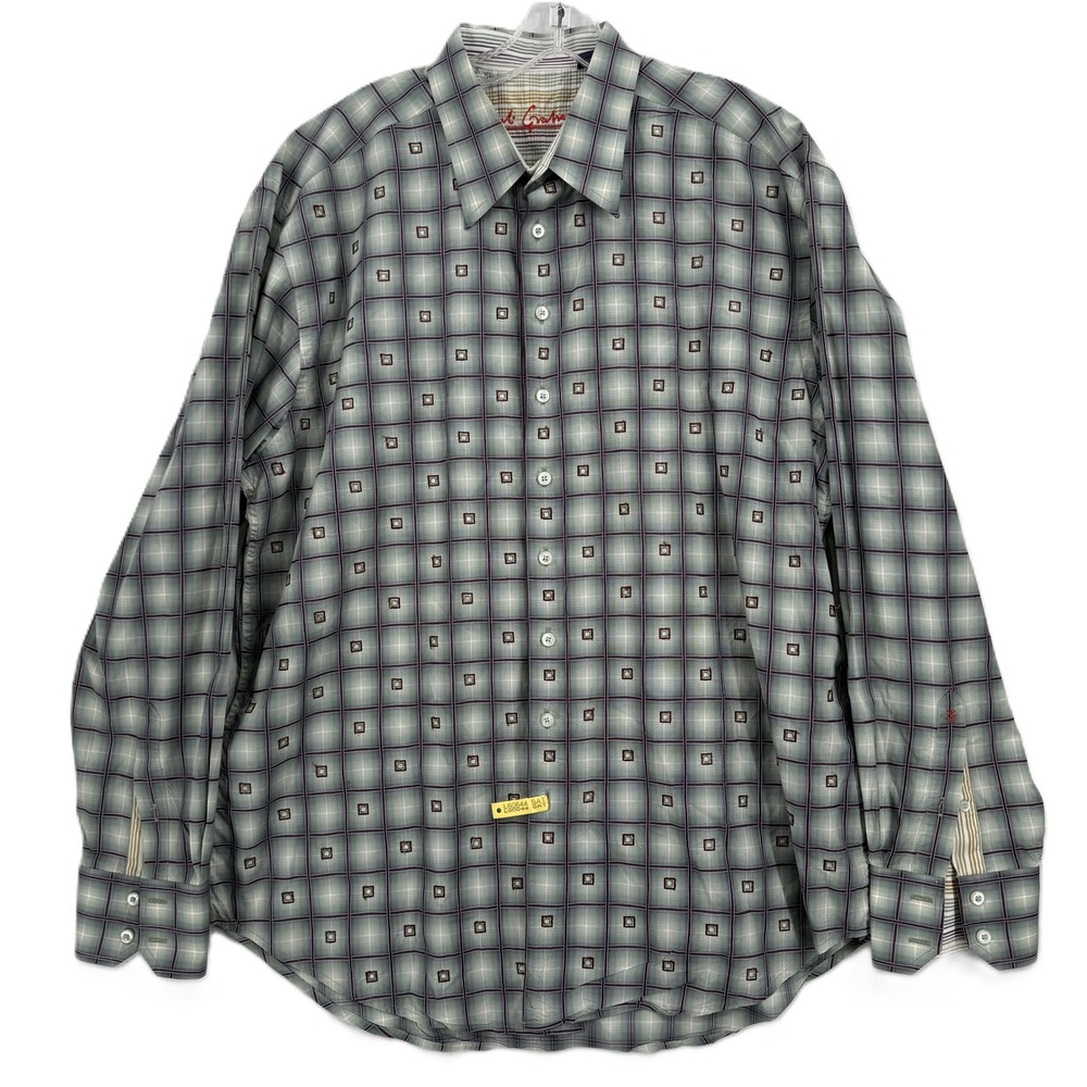 Robert Graham Button Down Shirt Mens XL Green Plaid Geometric Embroidered Cotton